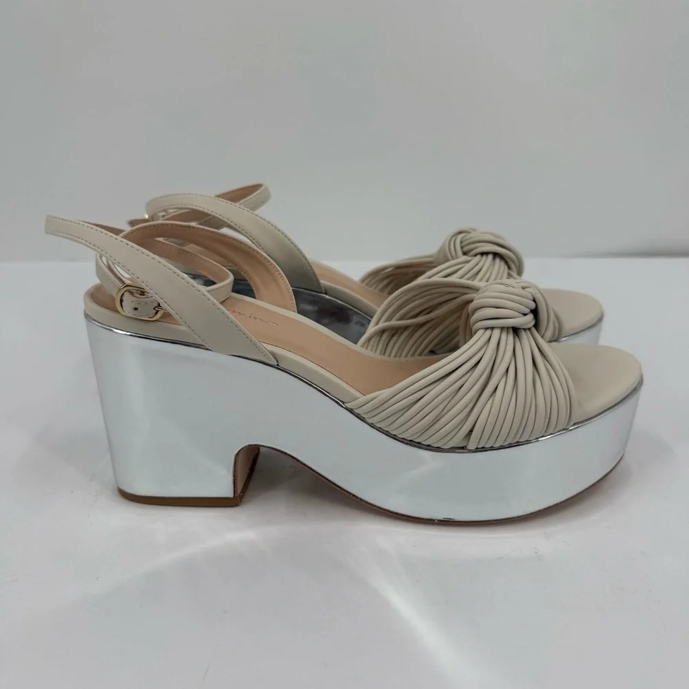 Anthropologie Guilhermina Knotted Platform Silver Mirror Heels Size 9